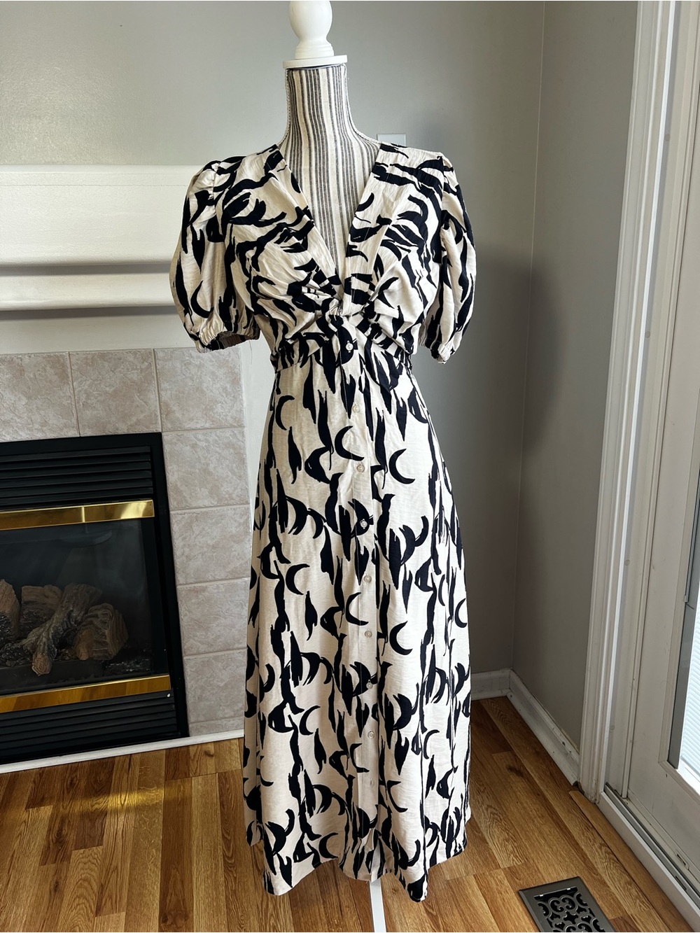 Glamorous Black & Cream Midi Dress with Puff Sleeves